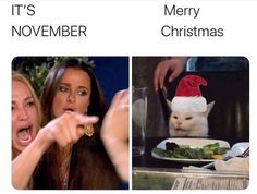 two pictures, one with a cat wearing a santa hat and the other with a christmas hat