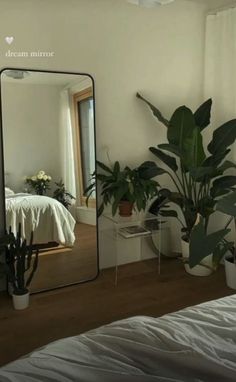 a mirror sitting on top of a wooden floor next to a bed and potted plants