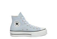 a pair of blue converse sneakers with white laces