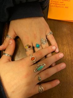 Gold Hippie Rings, Rings On Every Finger, Silver Hippie Jewelry, Gold Hippie Jewelry, Vintage Rings Aesthetic, Artsy Rings, Hippy Rings, Indie Rings, Colourful Rings