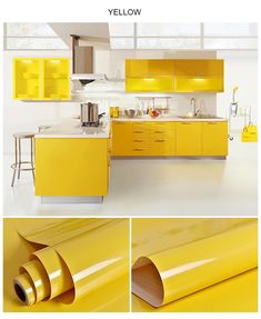 a kitchen with yellow cabinets and white counter tops, along with pictures of the same area