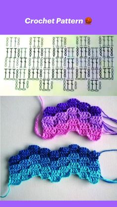 two crochet patterns, one is blue and the other is pink with white stitchs