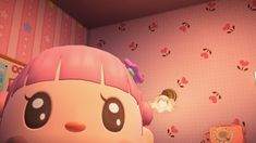 an animal crossing character in a pink room