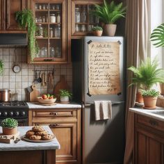 a kitchen scene with focus on the refrigerator and counter top, along with potted plants