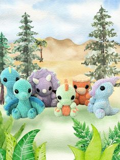 three little stuffed animals sitting in the middle of a forest with trees and mountains behind them