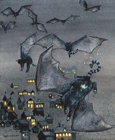 bats are flying over the town at night