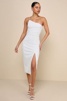 Elegant Allure White One-Shoulder Sleeveless Midi Dress Bridal Shower Dress For Bride One Shoulder, White Dress Classy Elegant, White Two Piece Outfit, Marilyn Monroe White Dress, White Dress Classy, Shower Dress For Bride, Classy White Dress, Short White Dress Wedding, Rehearsal Dinner Outfits