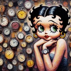 a painting of a woman surrounded by many different clocks and watches, with her hand on her chin