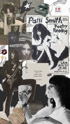 a collage of photos with various people and words on them, including an image of a woman holding a guitar