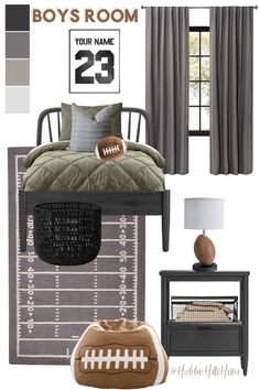 Football themed boys bedroom decor mood board! Sports themed boys room decor ideas, masculine bedroom decor inspo Vintage Sports Bedroom For Boys, Sports Bedroom For Teenage Boys, Toddler Boy Sports Bedroom, Football Themed Rooms For Boys, Teen Boys Sports Bedroom Ideas, Boys Bedroom Ideas Soccer, Toddler Football Room, Teenage Boys Bedroom Ideas Football