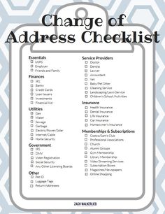the change of address checklist is shown in this blue and white printable poster