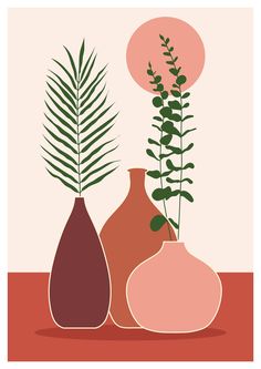 two vases with plants in them sitting on a table next to each other, against a pink background