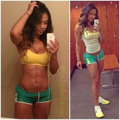 two pictures of a woman in yellow and green shorts looking at her cell phone while standing next to a wall