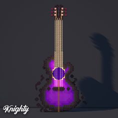 a purple acoustic guitar is shown in this pixel - art image with the shadow of a person's hand