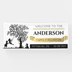 a welcome sign for the family reunion with children swinging on a tree and an inscription that reads, welcome to the anderson family reunion