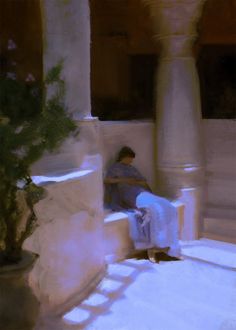 a painting of a person sitting on a bench next to a potted plant and stairs