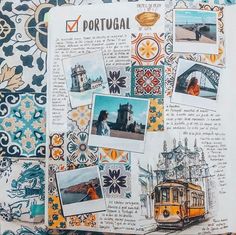 an altered page with pictures and words on it, including images from different places around the world