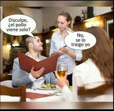 a man and woman sitting at a table talking to each other with speech bubbles above them