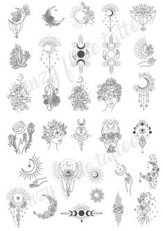 the sun and moon tattoos are shown in black and white, with different designs on them