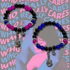 two bracelets with charms are shown on a pink and blue background that says, who cares