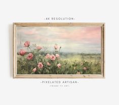 a painting with pink flowers on it and the words, 4x4 resolution - pixelated artisan frame