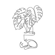 a black and white drawing of a potted plant with a cat sleeping on the ground