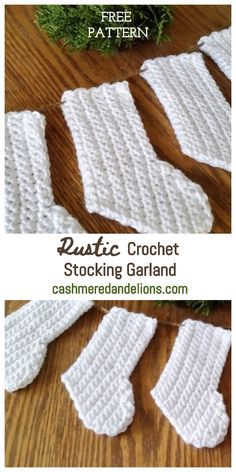 crochet stocking garland is shown with the text, rustic crochet stocking garland