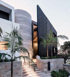 an exterior view of a modern house with stone steps and palm trees