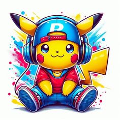 a cartoon character with headphones sitting on the ground