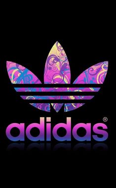 the adidas logo is shown on a black background with purple and blue swirls