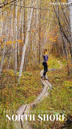 text "best fall hiking on Minnesota's North Shore" over image of a hiker on a trail in the woods of Minnesota Hiking Bucket List, Minnesota Fall, Two Harbors Mn, Fall Hikes, Hello Stranger, Hiking Adventure, Fall Hiking, Fall Color