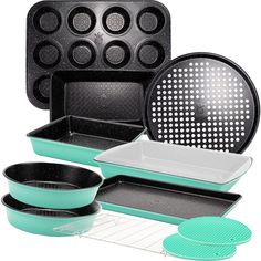 an assortment of cooking utensils and pans are shown in various colors, shapes and sizes