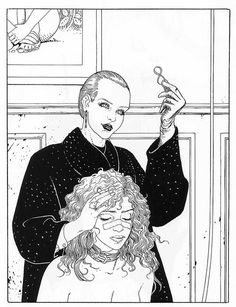 a black and white drawing of a woman getting her hair cut by a man with scissors