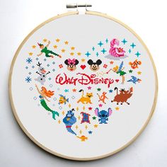 a cross stitch pattern with the word disney written in it's center surrounded by cartoon characters