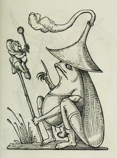 an ink drawing of a man kneeling down next to a giant mushroom with a person on it's back