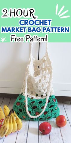 a crochet market bag pattern with bananas and apples