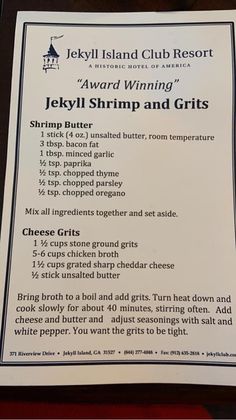 the menu for jekyll shrimp and grits