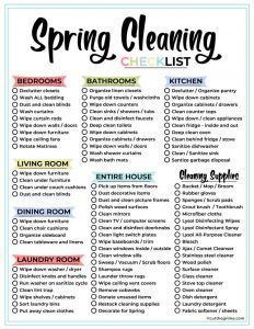 the spring cleaning checklist is shown in black and white, with colorful lettering on it