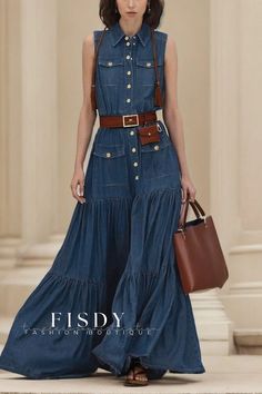 Fisdy - Vestido vaquero regular fit con cuello camisero y sin cinturón Denim Shirt Dress Outfit, Jeans Dress Outfit, Dress With Shirt, Fitted Denim Dress, Belted Denim Dress, Fit Accessories, Double Denim Looks, Shirt Collar Pattern, Vintage Shirt Dress