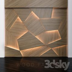a wood paneled wall with lights in the center and an abstract pattern on it
