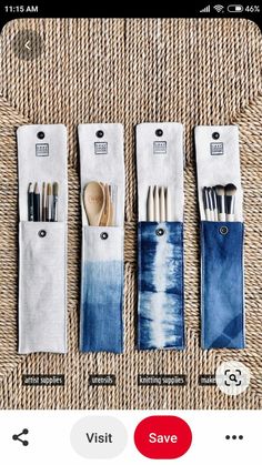 three blue and white utensils in pouches