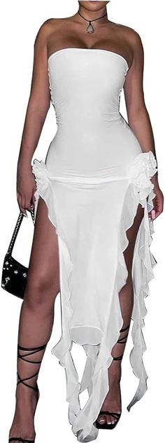 Amazon.com: SHESEEWORLD Women's Sexy Fringe Ruffle Sleeveless Backless Off Shoulder Bodycon Split Irregular Hem Maxi Flowy Dress White : Clothing, Shoes & Jewelry Bandeau Dress, Sheer Mesh Bodycon Dress, Split Long Dress, Tassel Dress, Flowy Maxi Dress, Irregular Hem, Fairy Dress, Club Party, Women Long Dresses