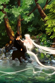 a man and woman are in the water near some trees, one is holding an umbrella