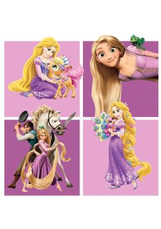 disney princesses and their horses are depicted in four different pictures, each with the same character