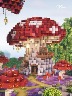 an image of a mushroom house in the middle of a field with trees and bushes