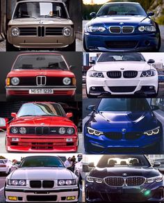 four different color bmws are shown in this collage with the same car colors