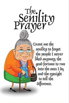 an old woman sitting in a chair with the words, the sernity prayer