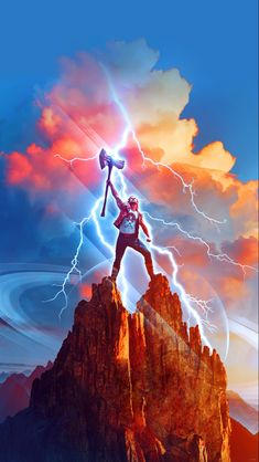 a man standing on top of a mountain with an ax in his hand and lightning behind him