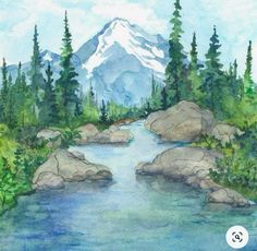 a watercolor painting of a mountain river