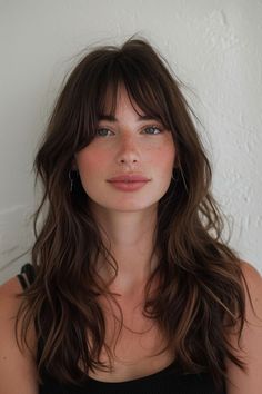 Fringe And Layers Long Hair, Butterfly Wolf Cut Hair Long Bangs, Golden Brown Hair With Bangs, Long Brunette With Bangs, Long Brown Hair With Bangs And Layers, Woman Long Haircut, Soft 70s Layers, 90s Super Model Hair, Long Front Bangs With Long Hair